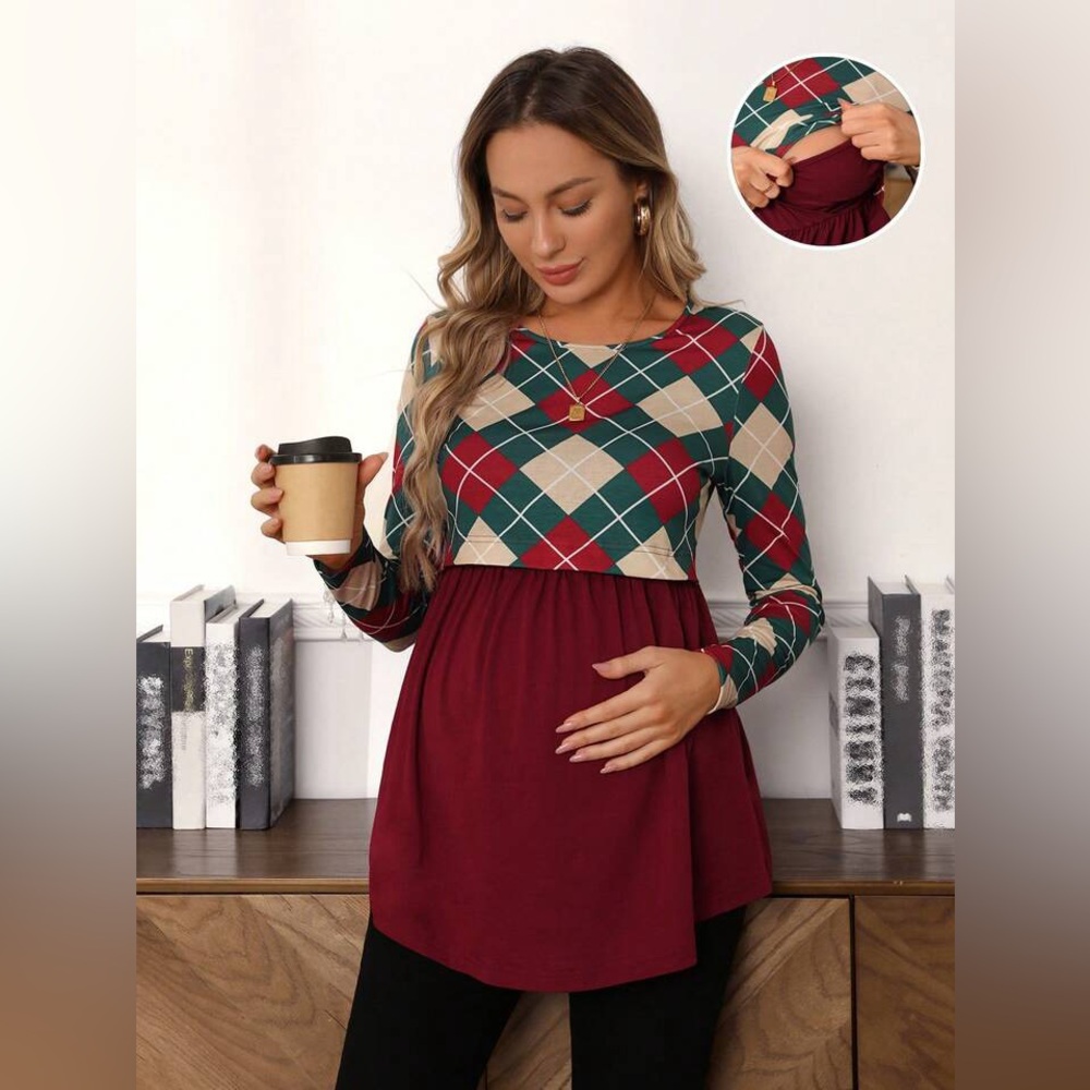 SHEIN Maternity Argyle Print Peplum Nursing Top NWOT